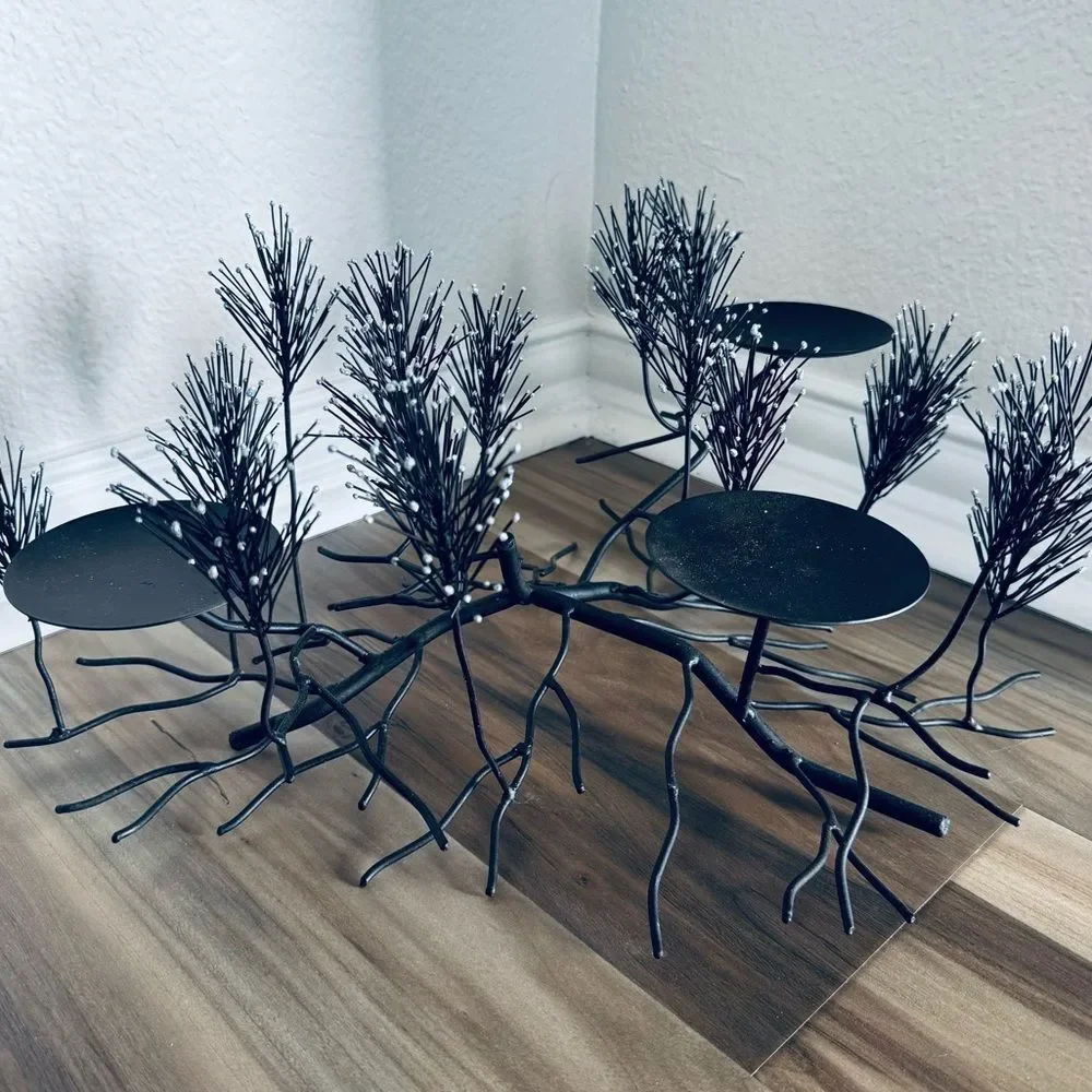 Black Metal Pine Branch Holiday Candle Holder Decor Centerpiece